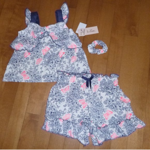 Girls Little Lass 3 pc FLowers & Butterflies Tank top & Shorts Size 2T 4 5 6 NWT